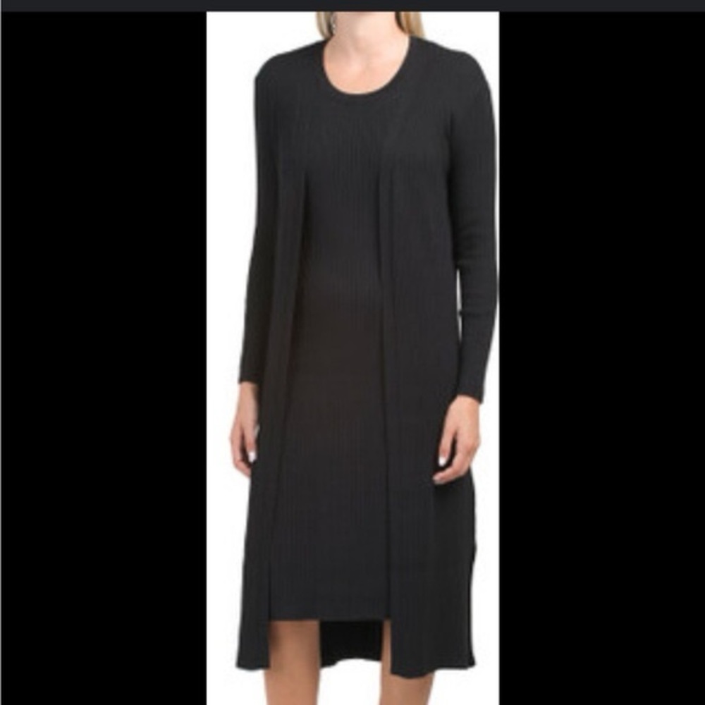 Nwt Magaschoni two piece Black ribbed dress with long sleeve‎ duster